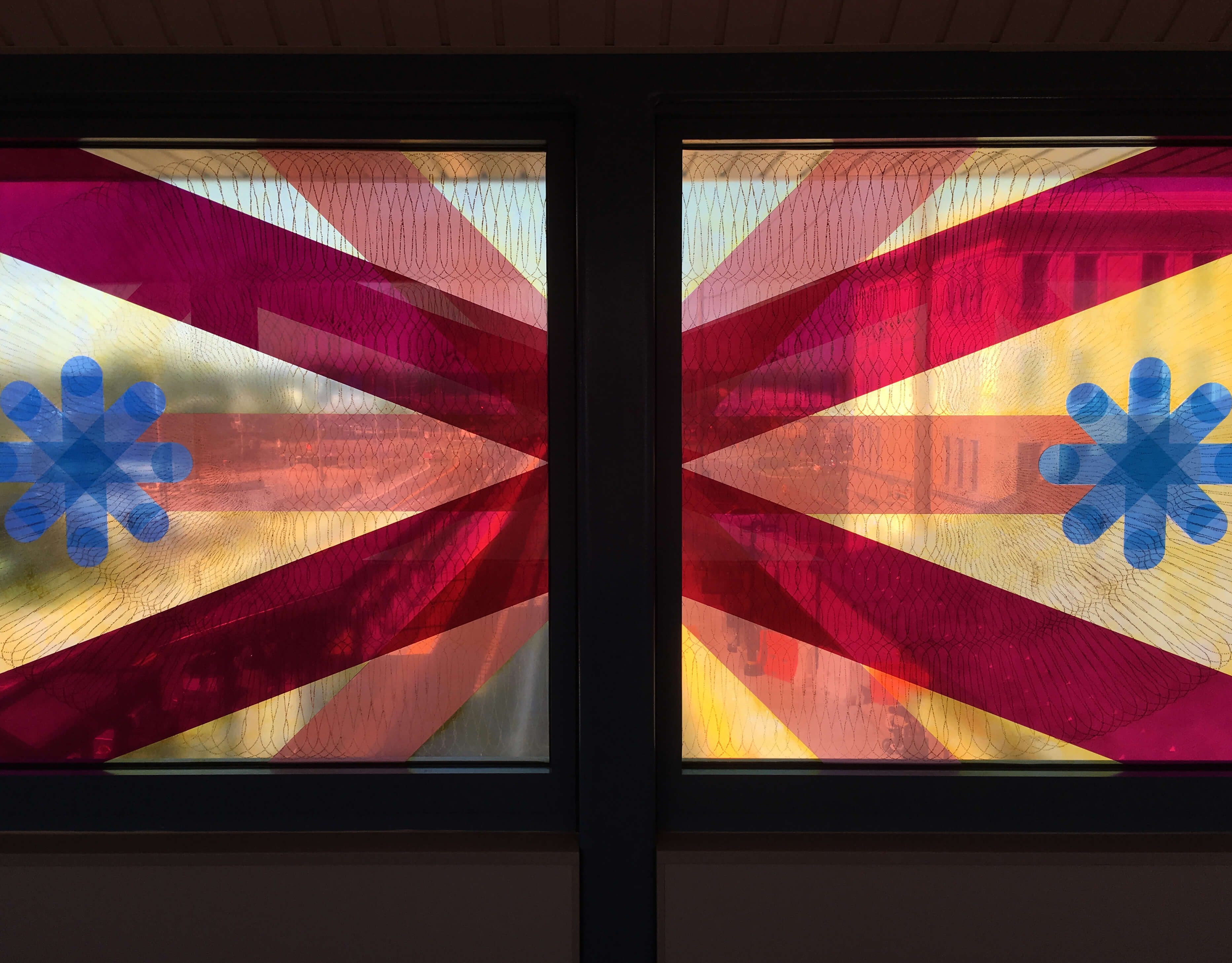 Artwork by Mary Judge    <em>American Season</em><br >Glass art in paint and lamination by Mayer of Munich<br >Wyandanch Station, MTA Arts & Design and Long Island Rail Road